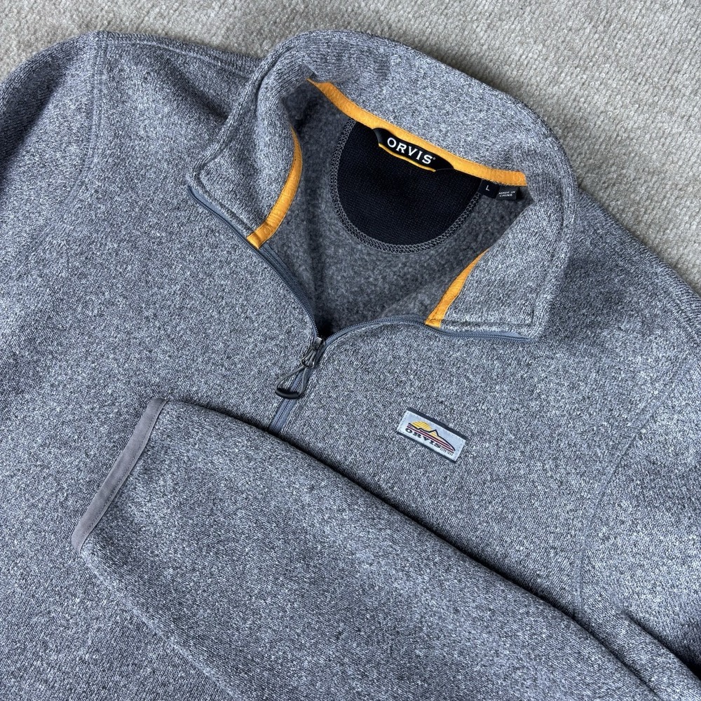 Orvis Mens Large Gray Sweater Fleece 1/4 Zip Pullover Jacket Logo